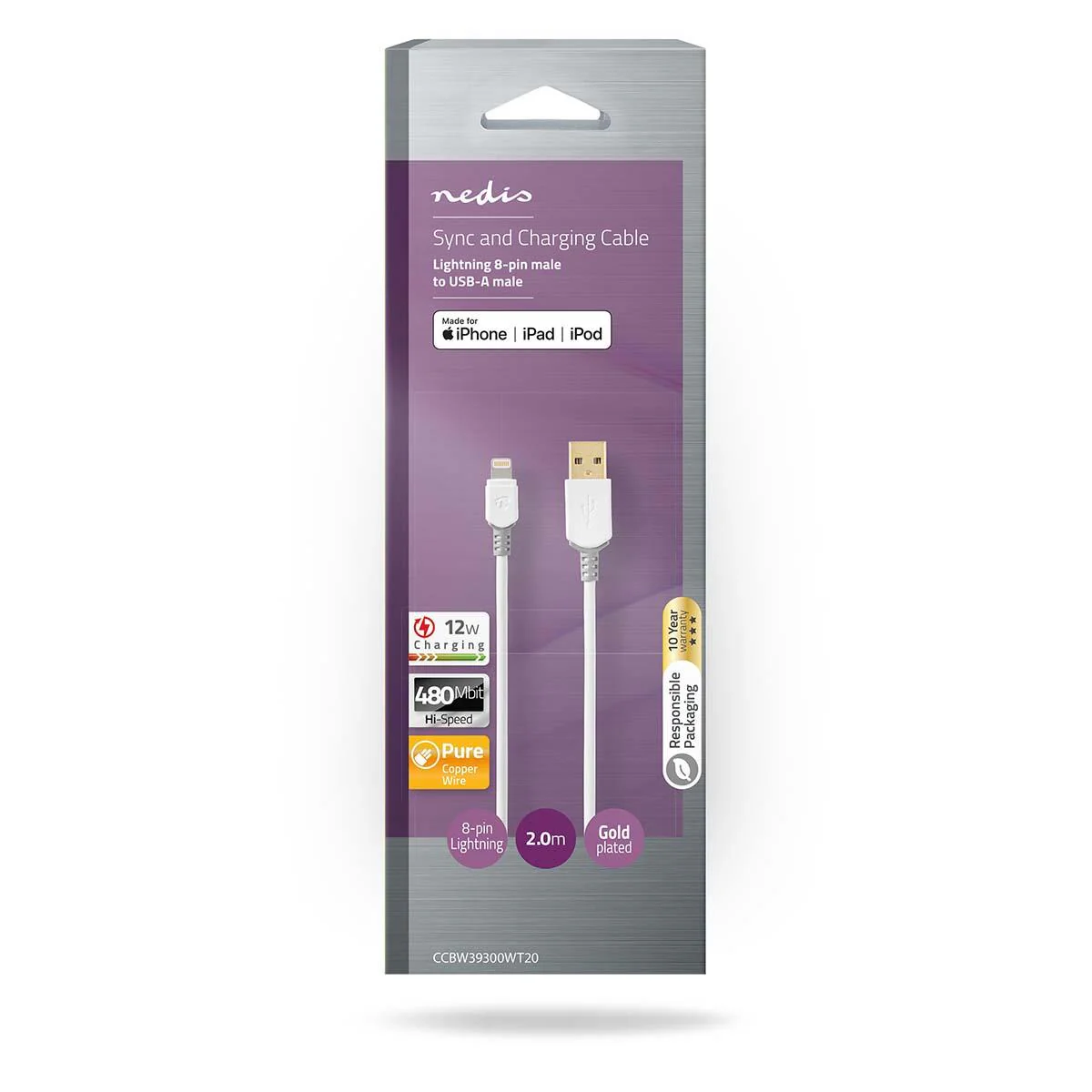 Nedis Lightning Cable | USB 2.0 | Apple Lightning 8-Pin | USB-A Male | 480 Mbps | Gold Plated | 2.00 m | Round | PVC | Grey / White | Box - Image 4