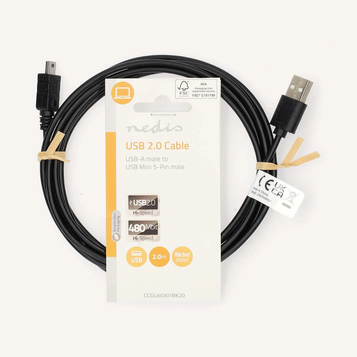 Nedis USB Cable | USB 2.0 | USB-A Male | Mini 5-Pin Male | 480 Mbps | Nickel Plated | 2.00 m | Round | PVC | Black | Label - Image 3